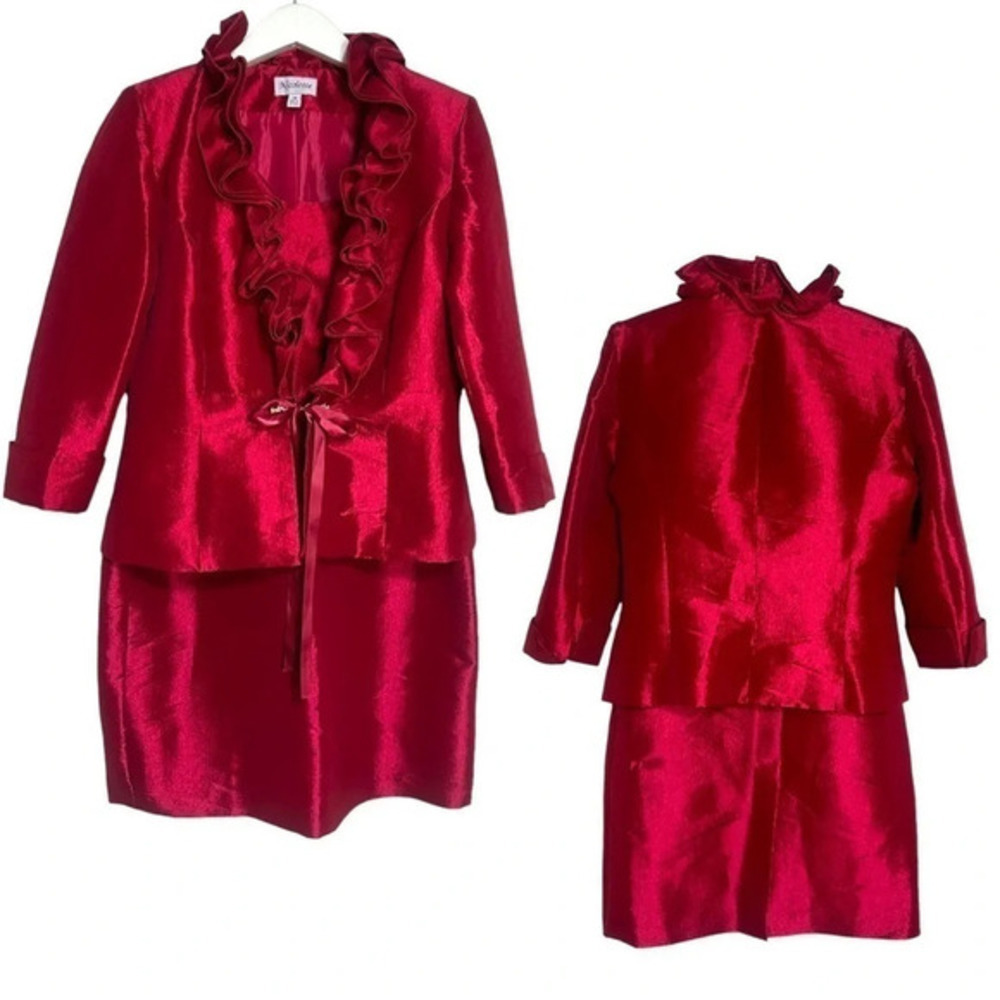 Nicolette 14/16 elegant rich red‎ dressy ruffled skirt suit with rhinestones